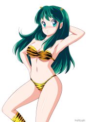 1girls alien alien_girl bikini green_eyes green_hair helltzujih horns light-skinned_female looking_at_viewer lum oni oni_female oni_girl oni_horns pale-skinned_female pointy_ears posing solo solo_female solo_focus striped_bikini striped_legwear tiger_print tiger_skin urusei_yatsura white_background