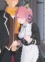 1boy 1girls balls black_hair blush bow censored_penis condom fenqury hand_on_penis heavy_breathing light maid maid_headdress mansion natsuki_subaru penis_out pink_eyes pink_hair pulling_condom ram_(re:zero) re:zero_kara_hajimeru_isekai_seikatsu scarf shocked smile smug sweat unzipped window