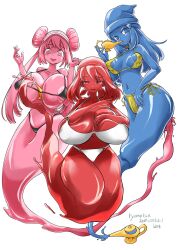 3girls alternate_breast_size bikini blue_skin dawn_(pokemon) djinn female genie genie_lamp hair_color_change huge_ass huge_breasts may_(pokemon) multiple_girls nipples pink_skin pokemon red_skin rosa_(pokemon) skin_color_change transformation wide_hips