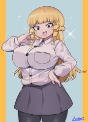 1girls :3 arumo bangs big_breasts black_eyes blonde_hair blunt_bangs breast_pocket breasts collared_shirt drill_hair eyebrows_visible_through_hair female female_only hand_on_hip kaneda_mochiko large_breasts laughing leggings light-skinned_female light_skin long_hair mount_celeb_kaneda-san oerba_yun_fang oerba_yun_fang ojou-sama_pose open_mouth pantyhose shirt skirt smile smiling solo solo_female sparkle sparkles tagme white_shirt