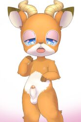 animal_crossing antelope anthro balls beau_(animal_crossing) blue_eyes bovid bunnag erection fur furry furry_only genitals girly half-closed_eyes hi_res hooves horn humanoid_genitalia humanoid_penis male male_only mammal narrowed_eyes nintendo nipples nude open_mouth penis retracted_foreskin simple_background solo standing video_games