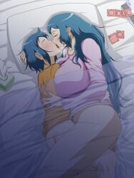 1boy age_difference bed blue_hair breasts condom_wrapper female gundam gundam_build_fighters huge_breasts hugging in_bed incest iori_rinko iori_sei kissing kissing_while_penetrated large_breasts larger_female long_hair mother_and_son no_eyes older_female size_difference smaller_male vermilion younger_male