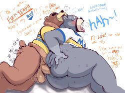 2022 anal anal_sex animal_crossing anthro ass big_ass big_ass_(male) big_butt blush bodily_fluids brown_body bubble_ass bubble_butt closed_eyes clothing curt_(animal_crossing) debudraws drooling duo english_text fat_ass fat_butt gay genitals grey_body hi_res huge_ass huge_butt humanoid_genitalia humanoid_hands humanoid_penis male male/male male_only mammal massive_ass massive_butt nintendo overweight overweight_male penetration penis plump_ass plump_butt round_ass round_butt saliva sex shirt superchub teddy_(animal_crossing) text thick_ass thick_butt tongue tongue_out topwear ursid video_games