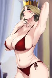 1girls arm_behind_back armpits background big_breasts bikini blonde_hair blue_eyes blush crown female female_focus female_only light-skinned_female light_skin looking_at_viewer mature_female milf ousama_ranking queen_hilling ranking_of_kings xtermination