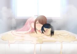 3girls black_hair blush borrowed_character brown_hair closed_eyes elastic heart indoors izumi_(pantsudesu) kissing_cheek melted merging multiple_girls pantsudesu pink_hair saki_(pantsudesu) song_(idolmonkeh) steam window yuri