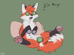 canid canine comfortable covered_pussy cucumber digital_media_(artwork) female feral food fox fruit fur heliofox hi_res looking_at_viewer mammal multi_nipple nipples open_mouth pillow plant presenting quadruped self_care simple_background solo spa_day spread_legs spreading tail text true_fox