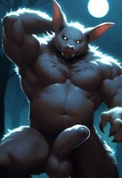 ai_generated anthro bat claws erection foreskin fur furry glowing_eyes large_ears looking_at_viewer male monster muscular muscular_male nude penis solo uncircumcised
