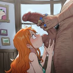 1girls ai_generated ball_gag balls big_balls big_breasts big_penis crying crying_with_eyes_open dark-skinned_male fat_male hairy_balls hairy_male marshall_d_teach nami_(one_piece) one_piece oral oral_sex raped size_difference sucking_balls ugly_bastard ugly_man