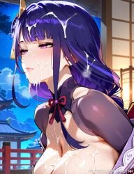 1female 1girls ai_generated big_breasts big_breasts breasts breasts cleavage cum cum_in_hair cum_on_body cum_on_breasts cum_on_face cum_on_hair female genshin_impact huge_boobs huge_breasts kaistar kimono large_boobs large_breasts light-skinned_female looking_away patreon purple_eyes purple_hair raiden_shogun solo solo_female solo_focus white_skin