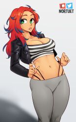 1girls big_breasts breasts character_request cleavage clothed clothing copyright_request curvy female_focus female_only green_eyes long_hair looking_at_viewer navel nortuet pose red_hair revealing_clothes simple_background solo thong watermark wide_hips