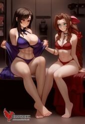 2d 2girls aerith_gainsborough ai_generated ass barefoot big_ass big_breasts blush bra couch dress erophoenix feet female female_focus final_fantasy final_fantasy_vii final_fantasy_vii_rebirth final_fantasy_vii_remake indoors jewelry large_breasts long_hair multiple_girls naked navel panties patreon_username purple_bra purple_panties red_bra red_eyes red_panties sitting small_breasts smile soles sweat sweating thick_thighs thighs tifa_lockhart underwear yuri yuri