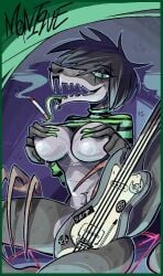 anthro anthro_snake breasts cigarette cigarette_smoke covered_nipples covered_pussy cyan_eyes female fingers_on_nipples goth goth_girl green_clothing green_nails green_tongue grey_hair grey_nipples grey_skin guitar looking_at_viewer loopsdaloop monique_santificer nude nude_female pierced_eyebrow pierced_nipples piercing piercings poster pussy smile smiling smiling_at_viewer snake_girl snake_tongue stickers_on_object striped_clothing tail
