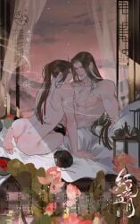 2boys abs absurdres ahoge anus artist_name ass back balls barefoot bed bishounen black_hair bloodybeni brown_hair bud chinese_text closed_mouth collarbone commission completely_nude curtains flower hair_ribbon highres holding holding_jar incense_burner indoors jar lan_wangji lattice light_particles long_hair looking_at_another lotus lotus_leaf male male_focus modao_zushi multiple_boys muscular muscular_male nipples nude on_bed open_mouth paintbrush_rack pectorals ponytail profile red_ribbon ribbon sample_watermark shade sitting smile table teapot testicles toned toned_male watermark wei_wuxian window wooden_floor yaoi