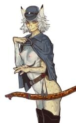 all_tomorrows animal_ears belt boots breasts cape colored_skin female hat killer_folk looking_at_viewer monster_girl mossa mossacannibalis nipples nude short_hair simple_background small_breasts smile solo weapon white_background white_hair yellow_eyes yellow_skin