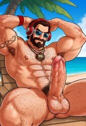ai ai_generated beach beard big_muscles big_pecs big_penis civitai gay hairy hairy_armpits hairy_male headphones huge_ass large_penis league_of_legends malcolm_graves male_focus male_only muscular muscular_male pool_party_graves pool_party_series solo_male sunglasses