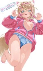 alternate_costume animal_ear_fluff animal_ears bandaid bandaid_hair_ornament blonde_hair blue_eyes blue_panties bow bow_panties breasts dog_ears dog_girl dog_tail fake_horns hair_ornament hairband highres hololive hololive_english horn_hairband horns jacket looking_at_viewer medium_hair mococo_abyssgard multicolored_hair nail_polish navel panties pink_hairband pink_jacket pink_nails pink_streaks simple_background small_breasts streaked_hair tail toenail_polish toenails underwear virtual_youtuber white_background x_hair_ornament yuyuiaz2