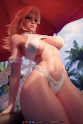 belly_button bikini blonde_hair blue_eyes fantastic_four forceballfx large_breasts marvel marvel_comics marvel_rivals outdoors sue_storm swimsuit thighs tummy umbrella