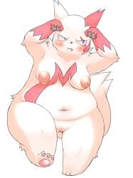 anthro areola ass belly big_areola blue_eyes blush breasts bunnag fangs female fur furry furry_only genitals hi_res looking_away navel nintendo nipples overweight overweight_anthro overweight_female pawpads paws pokémon_(species) pokemon pokemon_(species) pussy red_body red_fur simple_background solo standing tail thick_thighs video_games white_background white_body white_fur wide_hips zangoose