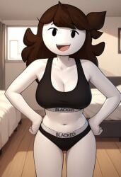 ai_generated bedroom blacked breasts civitai cleavage facing_forward female hands_on_hips indoors jaiden_animations jaiden_dittfach large_breasts looking_at_viewer navel open_mouth panties solo sports_bra youtuber