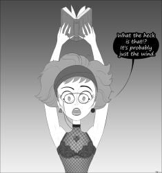 book bra breasts choker diklonius emmy_the_robot female fishnet_stockings gifl ginny_hackle glasses hands_up hi_res huge_breasts looking_at_viewer makeup mature_female penis sketch text_bubble titfuck