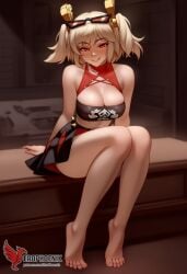 1girls 2d ai_generated ass back bangs bare_shoulders barefoot big_ass big_breasts black_panties blonde_hair burnice_white cleavage dress erophoenix feet female female_focus full_body long_hair looking_at_viewer navel pale_skin pale_skinned_female panties patreon_username red_eyes sitting skirt smile soles solo sports_bra thick thick_thighs toes twintails uncensored underwear zenless_zone_zero