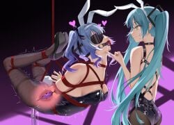 2girls absurdres animal_ears aqua_eyes aqua_hair arms_behind_back ball_gag blindfold blue_hair bondage bound bound_arms bound_legs breasts drooling dual_persona egg_vibrator fake_animal_ears fake_tail female fishnet_pantyhose fishnets gag gagged hatsune_miku heart high_heels highres leotard liangfangliangfangliang long_hair looking_at_another medium_breasts medium_hair multiple_girls pantyhose playboy_bunny rabbit_ears rabbit_tail rope sex_toy shibari_over_clothes spoken_heart strapless strapless_leotard suspension tail twintails variant_set very_long_hair vibrator vocaloid wiffle_gag x-ray yuri