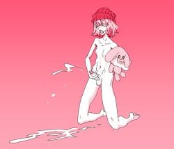 1girls beanie cum dickgirl futanari hyper_cum kneeling lunaticker masturbation penis pixel_art plushie skinny small_breasts trans_woman