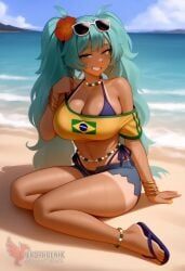 1girls 2d ai_generated aqua_hair ass barefoot big_ass big_breasts bikini bracelet brazilian_miku breasts dark-skinned_female earrings erophoenix eyewear_on_head feet female full_body grin hair_flower hair_ornament hatsune_miku huge_breasts jewelry kneeling long_hair looking_at_viewer looking_back nail_polish patreon_username shorts smile soles solo solo_female sunglasses swimsuit tan tellow_shirt thick thick_thighs toes uncensored vocaloid
