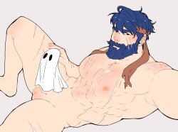 1boy abs aged_up bara beard blue_hair erection facial_hair fire_emblem fire_emblem:_radiant_dawn full_beard headband ike_(fire_emblem) large_pectorals male_focus multiple_scars muscular muscular_male nipples pectorals red_headband scar short_hair solo testicles variant_set wickedsturdy
