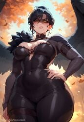 ai_generated artist_name autumn autumn_leaves bioware black_feathers black_hair black_wings breasts busty cleavage commission covered_navel curvy dragon_age feather_trim feathered_wings feathers female hand_on_hip hands_on_hips large_breasts leaf looking_at_viewer morrigan_(dragon_age) patreon patreon_url patreon_username shiny short_hair sinderellaart solo thick thick_thighs thighs tree voluptuous wide_hips wings yellow_eyes