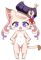 1boy anthro balls blush blush_stickers bunnag cat_busters chrona_(cat_busters) clothing domestic_cat drill_curls felid feline felis flaccid foreskin fur furry furry_only genitals girly hair hands_on_hips hat headgear headwear hi_res male male_only mammal navel nipples nude open_mouth penis purple_eyes simple_background solo standing tail unretracted_foreskin white_background