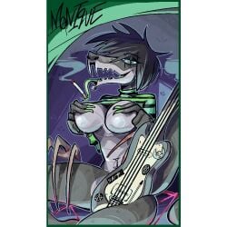 anthro anthro_snake artist_request breasts cigarette cigarette_smoke covered_nipples covered_pussy cyan_eyes fingers_on_nipples goth goth_girl gray_hair gray_nipples green_clothing green_nails green_tongue grey_skin guitar looking_at_viewer monique_santificer nude nude_female pierced_eyebrow pierced_nipples piercing piercings poster smile smiling smiling_at_viewer snake_girl snake_tongue stickers_on_object striped_clothing tail
