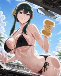1girls ai_generated big_breasts bikini black_hair breasts breasts_against_glass car_wash female female_only light-skinned_female light_skin red_eyes sponge spy_x_family tagme yor_briar yor_forger