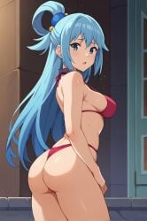 ai_generated aqua_(konosuba) ass bare_shoulders bikini blue_eyes blue_hair blush breasts cowboy_shot female from_behind hair_ornament hair_rings indoors long_hair medium_breasts open_mouth red_bikini solo swimsuit
