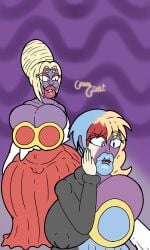 2d 2girls aurelia_(guavagrunt) beehive_(hairstyle) beehive_hairdo big_ass big_breasts blonde_hair blue_hair blue_lips blue_lipstick brown_eyes cameltoe clothed clothed_female dress female female_focus female_only guavagrunt hoodie huge_ass huge_breasts jynx looking_at_another mid_transformation nipples_visible_through_clothing penny_(pokemon) pokemon purple_skin pussy_visible_through_clothes red_hair red_lips red_lipstick simple_background thick_thighs thighs transformation