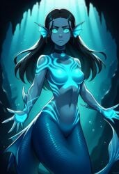 1girls ai_generated ass avatar_legends avatar_the_last_airbender bigmic145 breasts female fins glowing glowing_markings glowing_tattoo head_fin katara merfolk mermaid mermaid_tail monster_girl naked navel nickelodeon nude scales solo solo_female tease teenage_girl teenager
