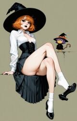 ai_generated bare_legs black_eyeshadow black_lips black_nails black_pleated_skirt bob_cut clitoris corset crossed_legs feet female freckles ginger messy_hair open_clothes pussy shoe_dangle skirt_lift small_breasts white_dress_shirt white_socks witch witch_hat