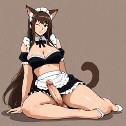 1futa balls big_breasts big_penis blush clothing cock dickgirl female futa_only futanari intersex long_hair looking_at_viewer maid maid_uniform penis sitting solo