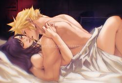 1boy 1girls 2d 2d_(artwork) artist_name bed bedroom bedsheets black_hair blonde_hair breasts closed_eyes cloud_strife couple cute drawn female final_fantasy final_fantasy_vii final_fantasy_vii_remake hand_on_another's_head imminent_kiss light-skinned_female light-skinned_male long_hair male missionary missionary_position muscular_male nude nude_female nude_male passionate romantic romantic_couple sensual sex spykeee straight tifa_lockhart twitter_username vaginal_penetration vaginal_sex