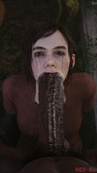 , 1boy1girl 1girls bbc big_penis blowjob brown_hair brunette cum_in_mouth dark-skinned_male dark_penis dark_skin deepthroat ellie_(the_last_of_us) ellie_williams eye_contact fellatio female freckles gagging hairy_balls huge_cock huge_penis human human_female interracial light-skinned_female light_skin looking_at_viewer male male/female mascara nature_background oral oral_penetration oral_sex outdoors pov pubic_hair red_clothing red_l runny_makeup saliva tears teenager the_last_of_us veins veiny_penis young younger_female