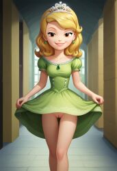 ai_generated amber bratty brown_eyes detailed detailed_background disney dress earrings exposed_pussy female fusion_character green_dress presenting presenting_pussy princess_sofia pussy smirk smug sofia_balthazar sofia_balthazar_x_princess_amber sofia_the_first tiara