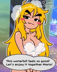 1girls anthro big_breasts blonde_hair blush breasts bubbles cute_fang female flirting goomba goombella iamsyntara inviting long_hair mario_(series) naked nintendo paper_mario paper_mario:_the_thousand-year_door pink_body showering simple_coloring super_mario_bros. text text_bubble waterfall wet_body