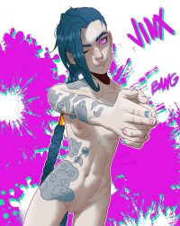 1girls abs arcane arcane_jinx blue_hair breasts breasts_out completely_nude completely_nude_female english english_text exposed_breasts exposed_pussy female froggystyle jinx_(league_of_legends) league_of_legends netflix nipples pale-skinned_female pink_nipples red_eyes riot_games shadow small_breasts solo solo_focus tattoo tattoo_on_belly tattooed_arm tattoos thigh_gap tummy twintails