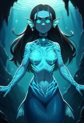 1girls ai_generated ass avatar_legends avatar_the_last_airbender bigmic145 breasts female fins glowing glowing_markings glowing_tattoo head_fin katara merfolk mermaid mermaid_tail monster_girl naked navel nickelodeon nude scales solo solo_female tease teenage_girl teenager