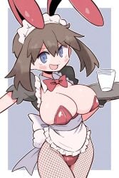 alternate_breast_size apron bare_arms blue_eyes blush breasts brown_hair bunny_ears bunnysuit cleavage detached_collar detached_sleeves fishnet_pantyhose fishnets holding_plate huge_breasts kurachi_mizuki leotard maid_headdress may_(pokemon) medium_hair open_mouth pantyhose plate pokemon red_leotard smile