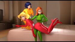 3d 3girls alex_(totally_spies) angry_expression ass_up bedroom black_hair blender blonde_hair blonde_hair_female bodysuit bratty_submissive clover_(totally_spies) female femdom femsub ginger ginger_hair high_heels indoors kinkblink latex latex_suit mp4 multiple_females multiple_girls orange_hair over_the_knee_spanking punishment punishment_spanking sam_(totally_spies) shocked_expression sound spanked spanking tagme totally_spies video voice_acted yuri