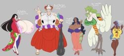 5girls bird_girl blue_hair blush boa_hancock breasts bursting_breasts clothing dark-skinned_female dark_hair english_text enormous_breasts female female_only futanari gigantic_breasts green_eyes harpy huge_breasts hyper hyper_breasts intersex massive_breasts monet_(one_piece) nico_robin nipple_bulge nipple_piercing nipple_slip nipples nojiko one_piece piratebay thick_thighs white_hair wide_hips wings yamato_(one_piece)