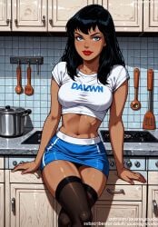 abs ai_generated arm_support bangs black_clothes black_hair black_legwear black_skirt black_stockings black_thighhighs blue_eyes blue_skirt blush breasts clavicle cleavage clothing crop_top cropped_shirt crossed_legs dark-skinned_female dark_skin dc dc_comics english_text eyelashes female female_only footwear indoors jousneystudio justice_league justice_society_of_america kitchen large_breasts legwear lips lipstick long_hair looking_at_viewer makeup medium_breasts midriff miniskirt navel nose original parted_lips pencil_skirt pleated_skirt red_lips shiny_skin shirt short_sleeves sitting skirt smile solo spatula standing stockings stomach stove t-shirt taut_clothes thick_thighs thighhighs thighs tiles toned underwear wet white_shirt wide_hips zatanna zatanna_zatara zettai_ryouiki