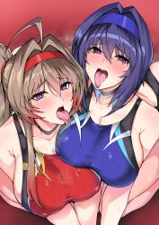 2girls absurdres blue_hair blue_headband blush breasts brown_hair female hair_intakes headband heart heart-shaped_pupils highres karin_(halcon) kasumi_(halcon) large_breasts multiple_girls non-web_source original red_eyes short_hair swimsuit symbol-shaped_pupils