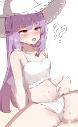 ? ?? absurdres atsuko_(blue_archive) bikini blue_archive blush commentary_request cum doldol_(rkwowlqrp) female frilled_bikini frills hat highres jewelry korean_commentary long_hair necklace purple_eyes purple_hair simple_background solo stomach sweat swimsuit white_background white_bikini white_hat